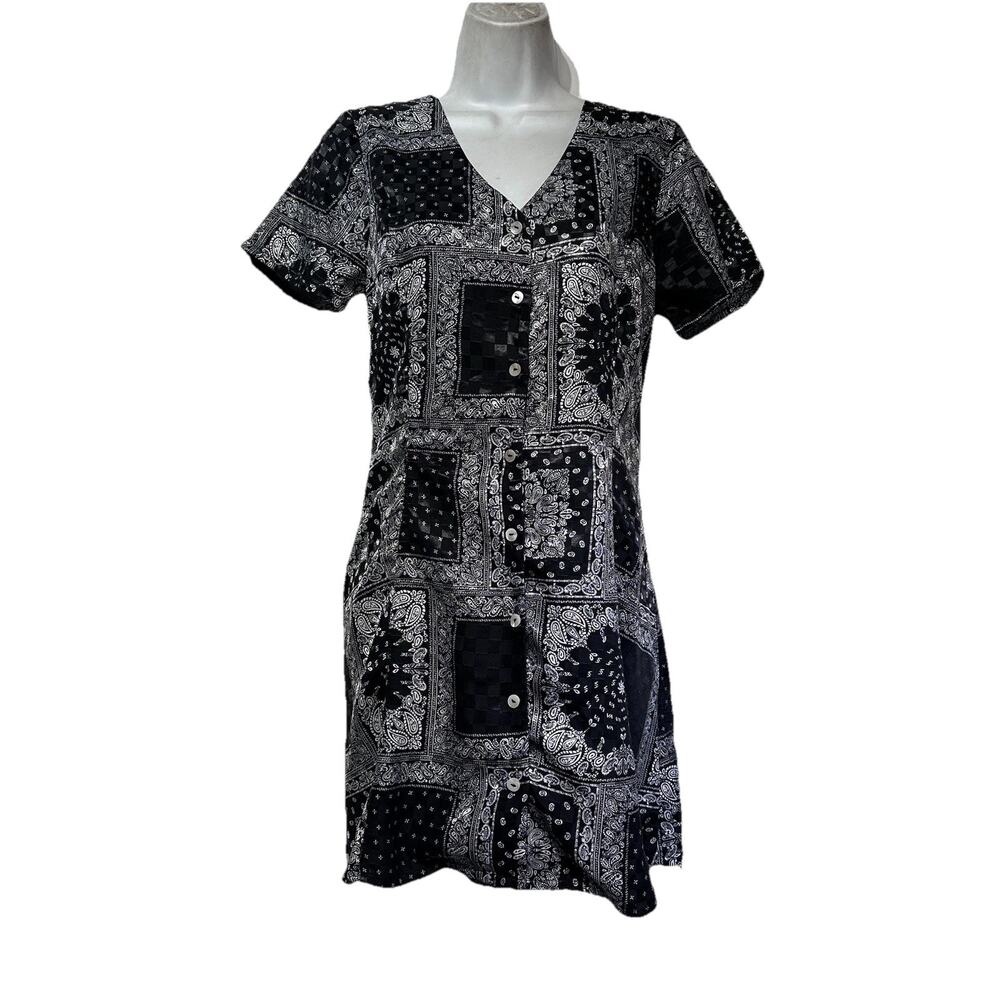 RVCA Bandana Patchwork Mini Dress Black White Button Front Y2K Boho Size S
